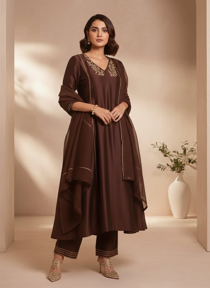 Royal Brown Silk Sequins Hand Embroidered Anarkali Suit Festive Wear