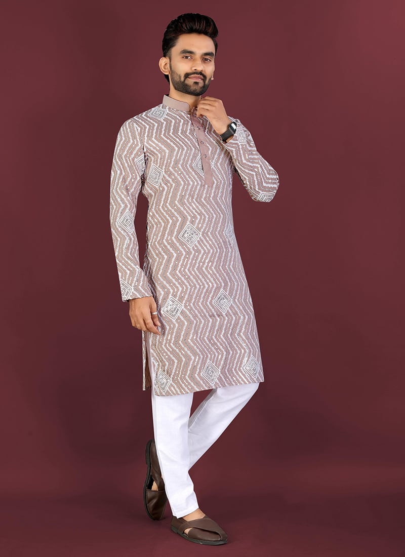 Royal Brown Soft Silk Embroidered Sequins Thread Kurta Pyjama Festive Wear
