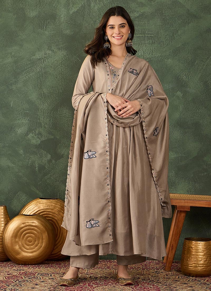 Royal Chiku Vichitra Silk Embroidered Anarkali Suit After Six Wear