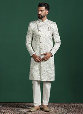 Royal Cream Cotton Paisley Indowestern Sherwani Set