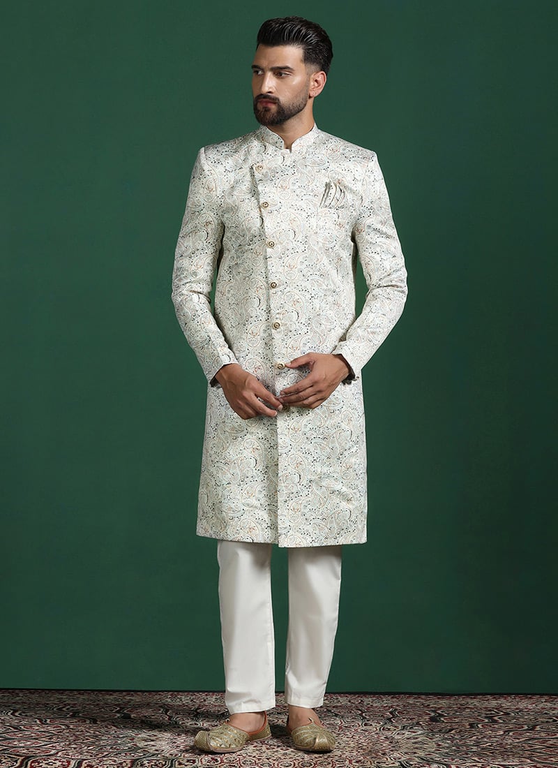Royal Cream Cotton Paisley Indowestern Sherwani Set Wedding Wear
