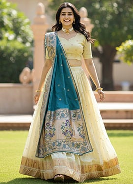 Royal Cream Paithani Silk Jacquard Embroidered Umbrella Lehenga