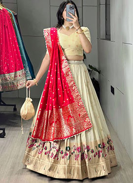 Royal Cream Paithani Silk Jacquard Zari Woven A Line Lehenga