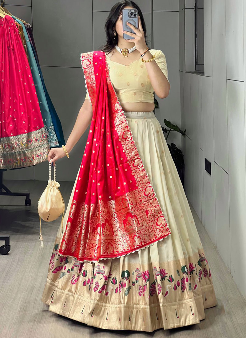 Royal Cream Paithani Silk Jacquard Zari Woven A Line Lehenga Festive Wear