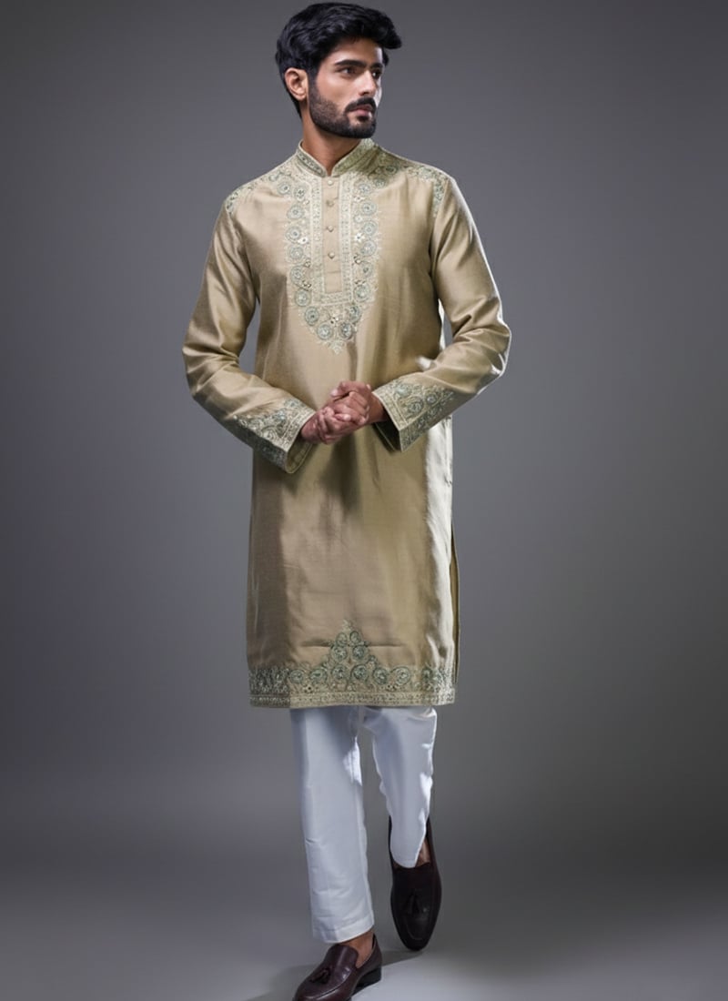 Royal Cream Silk Embroidered With Mirror Work Kurta Pyjama Festive Wear