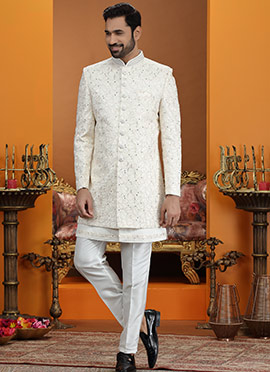 Royal Cream Silk Sequins Embroidered Thread Indowestern Sherwani
