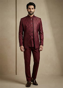 Royal Dark Maroon Donear Satin Jacquard Bandhgala Suit
