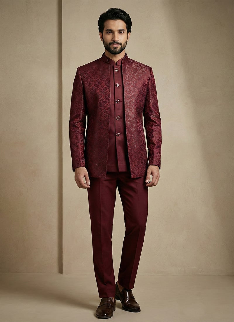 Royal Dark Maroon Donear Satin Jacquard Bandhgala Suit Wedding Wear