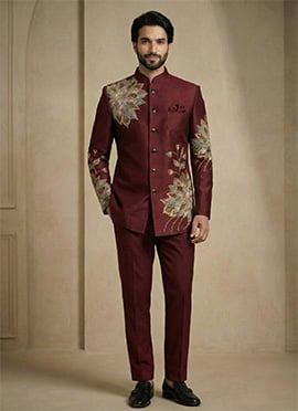Royal Dark Maroon Fandy Satin Silk Embroidered Bandhgala Suits