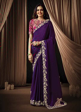 Royal Dark Purple Upada Silk Sequins Beads Hand Embroidered Stones Saree