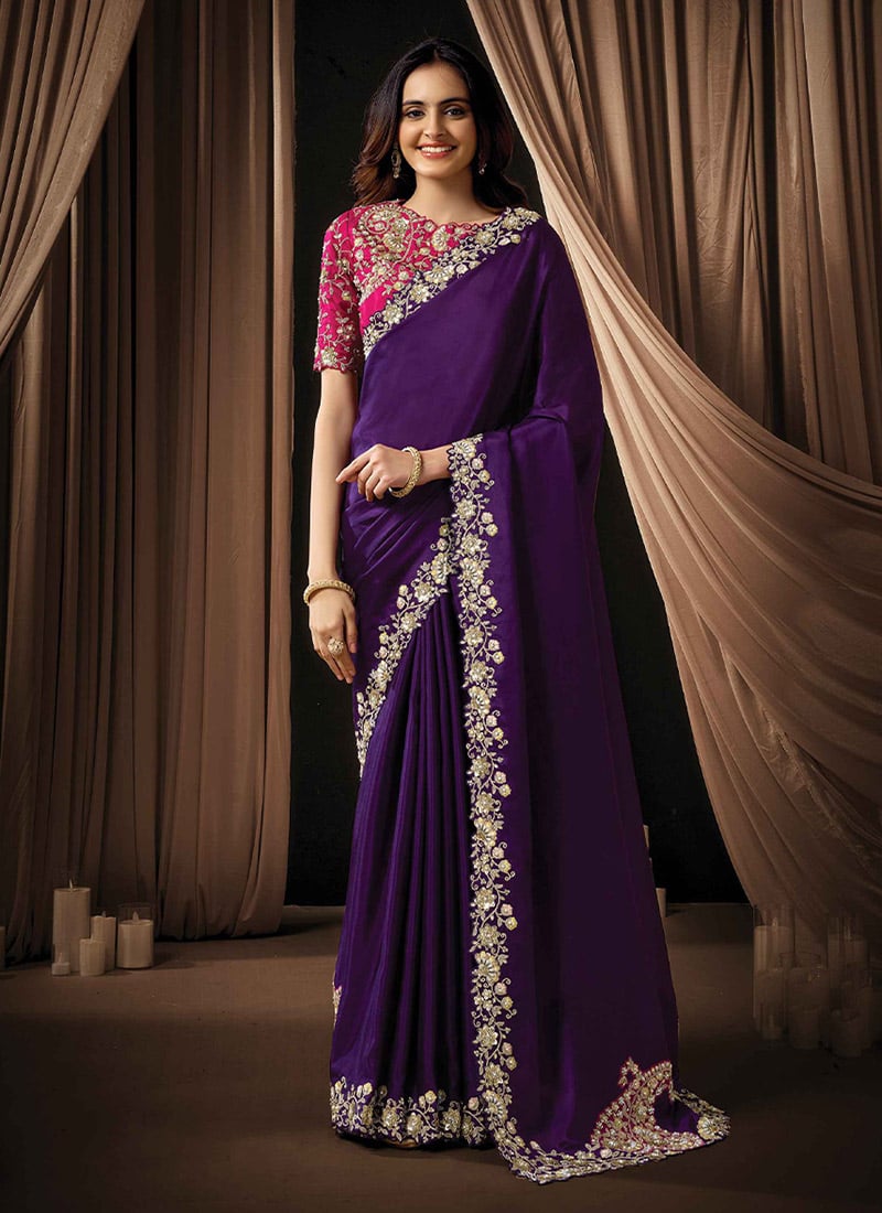 Royal Dark Purple Upada Silk Sequins Beads Hand Embroidered Stones Saree Wedding Wear