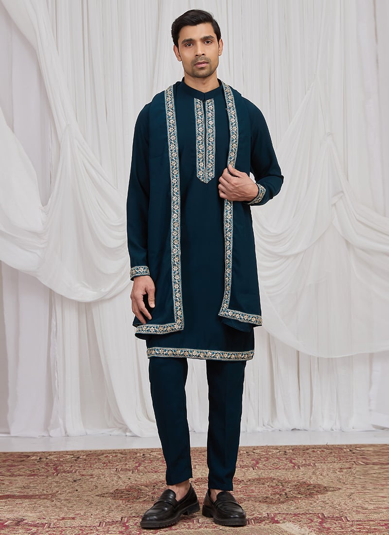 Royal Dark Teal Green Armani Hand Embroidered Lace Kurta Pyjama Wedding Wear