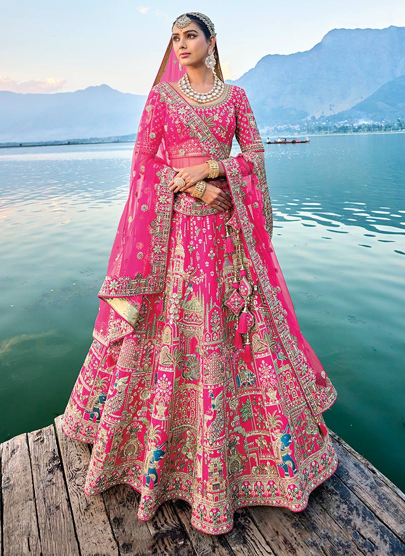 Royal Elegance In Hot Pink Silk Zari Embroidered Stone Sequins Lehenga Wedding Wear