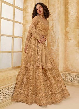 Royal Fawn Net Lehenga Featuring Intricate Stone And Embroidery Designs