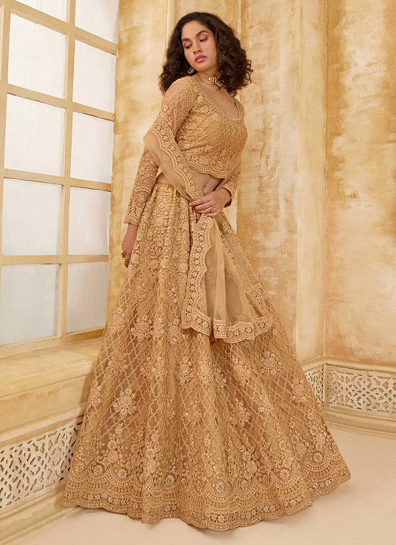Royal Fawn Net Lehenga Featuring Intricate Stone And Embroidery Designs Wedding Wear