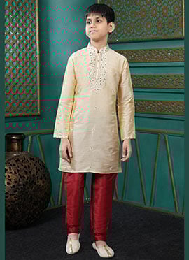 Royal Gold Art Silk Embroidered Kids Boys Kurta Pyjama
