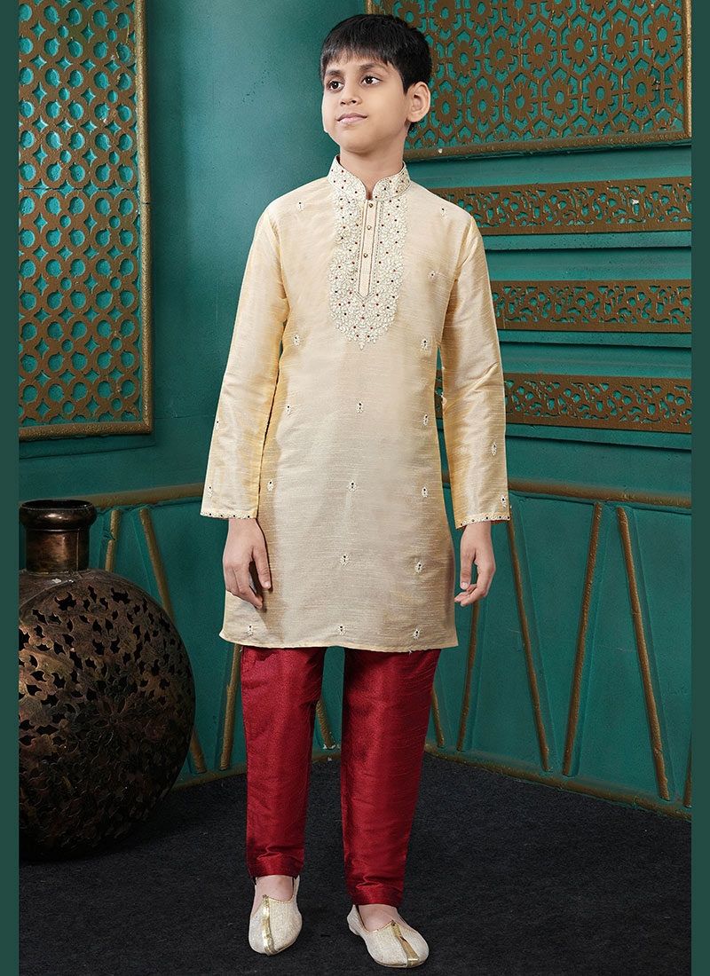 Royal Gold Art Silk Embroidered Kids Boys Kurta Pyjama Festive Wear