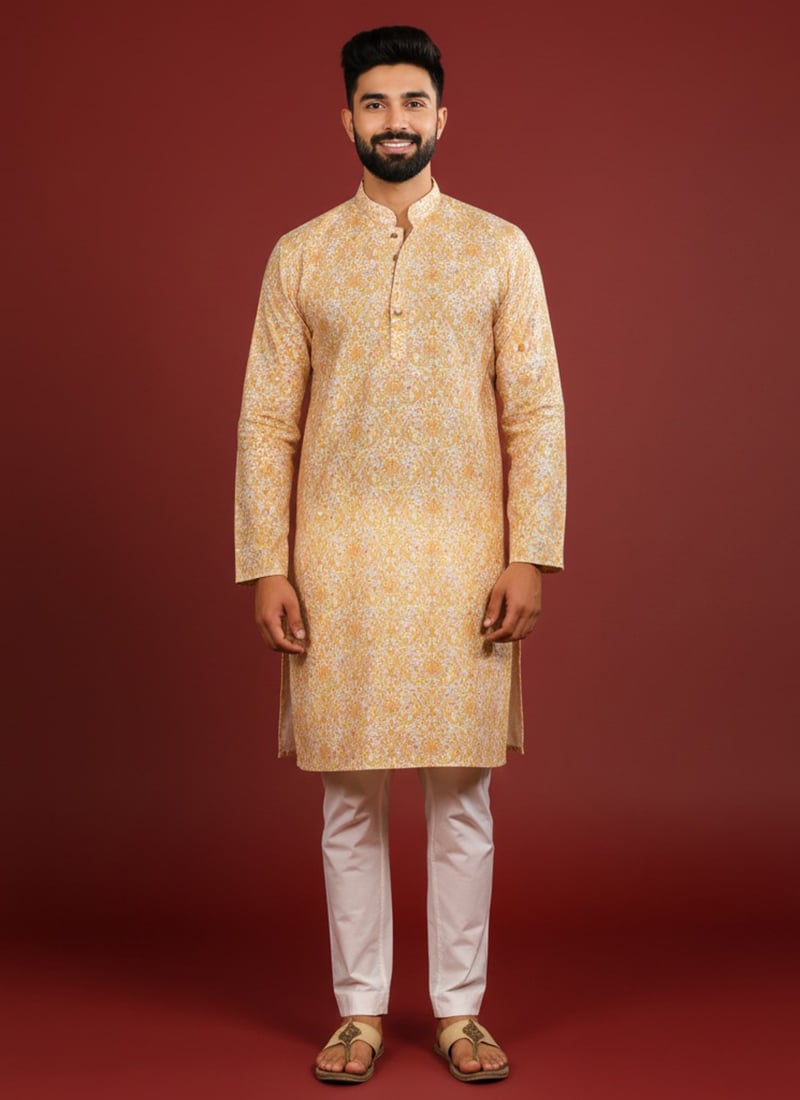 Royal Gold Cotton Printed Kurta Pyjama Festive Wear