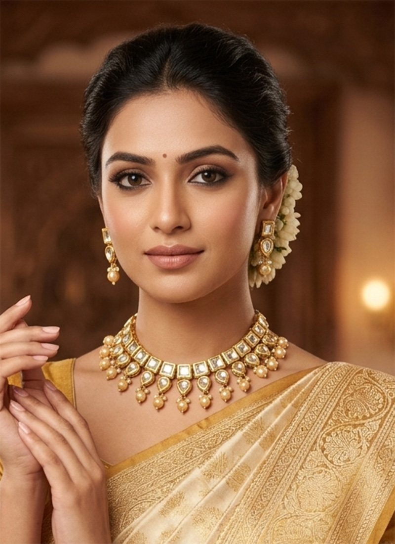 Royal Gold Kundan Pearl Choker Wedding Wear