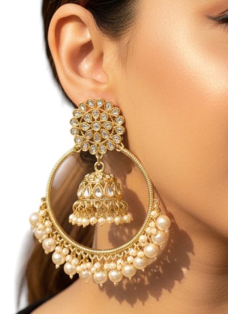 Royal Gold Plated Kundan Moti Chaand Bali Festive Wear