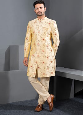 Royal Gold Silk Embroidered Zari Thread Indowestern Sherwani
