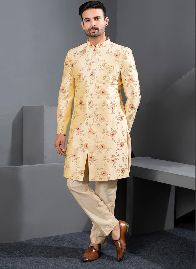 Royal Gold Silk Embroidered Zari Thread Indowestern Sherwani Wedding Wear