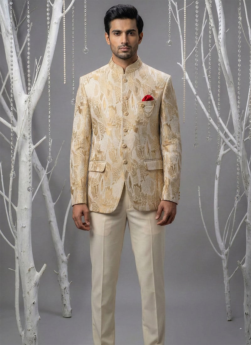 Royal Golden Silk Embroidered Thread Bandhgala Suit Wedding Wear