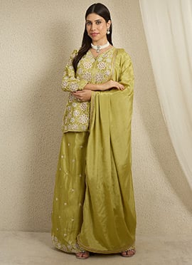 Royal Green Chinon Embroidered Sequins Palazzo Suit