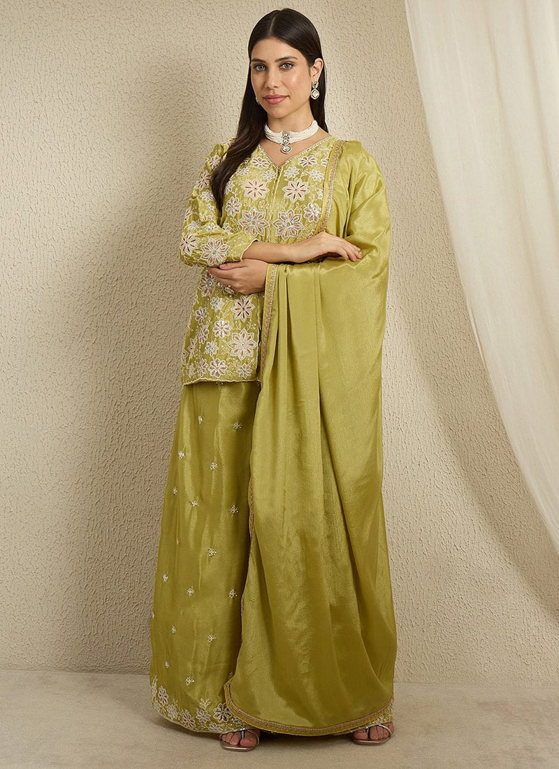 Royal Green Chinon Embroidered Sequins Palazzo Suit Festive Wear