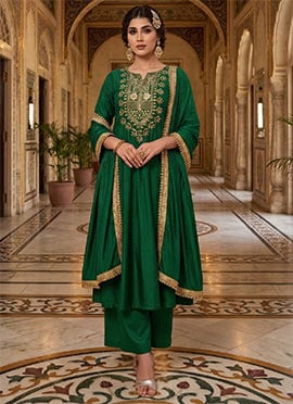 Royal Green Chinon Silk Zari Sequins Palazzo Suit