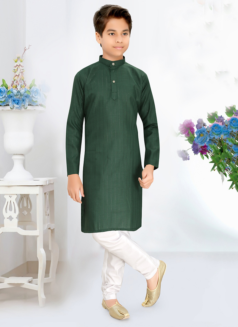 Royal Green Cotton Blend Zari Kids Boys Kurta Pyjama Festive Wear