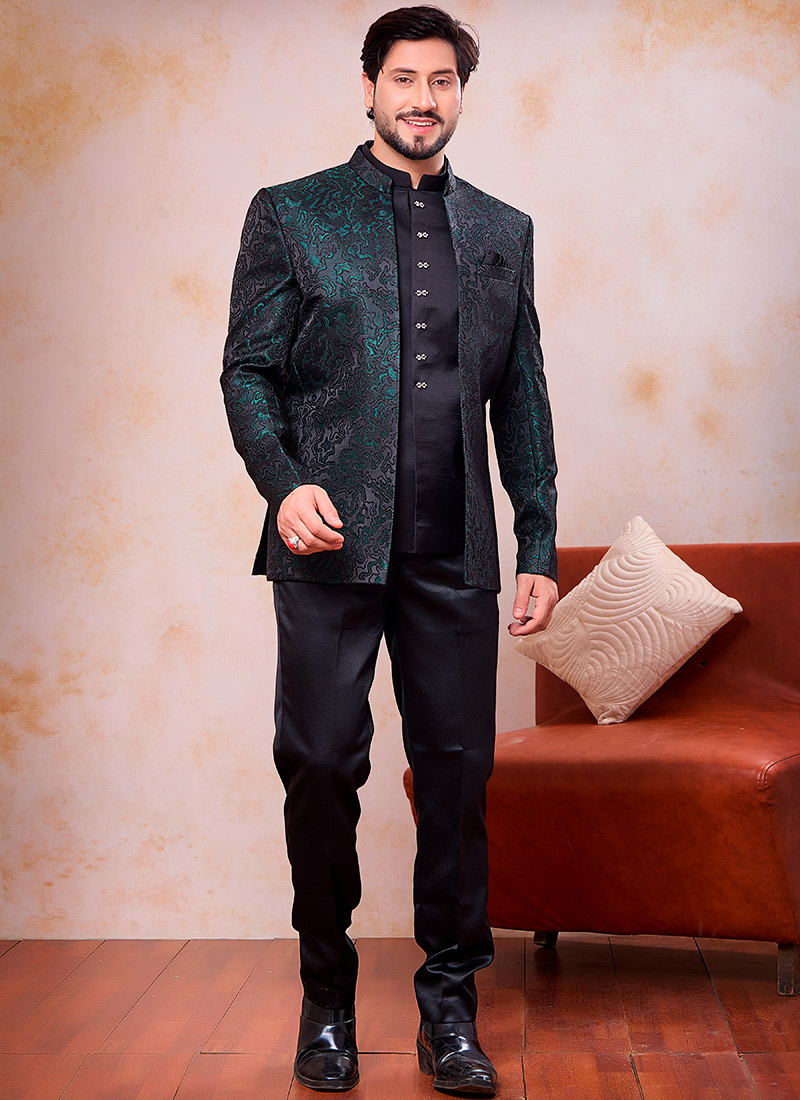 Royal Green Jacquard Silk Bandhgala Jacket