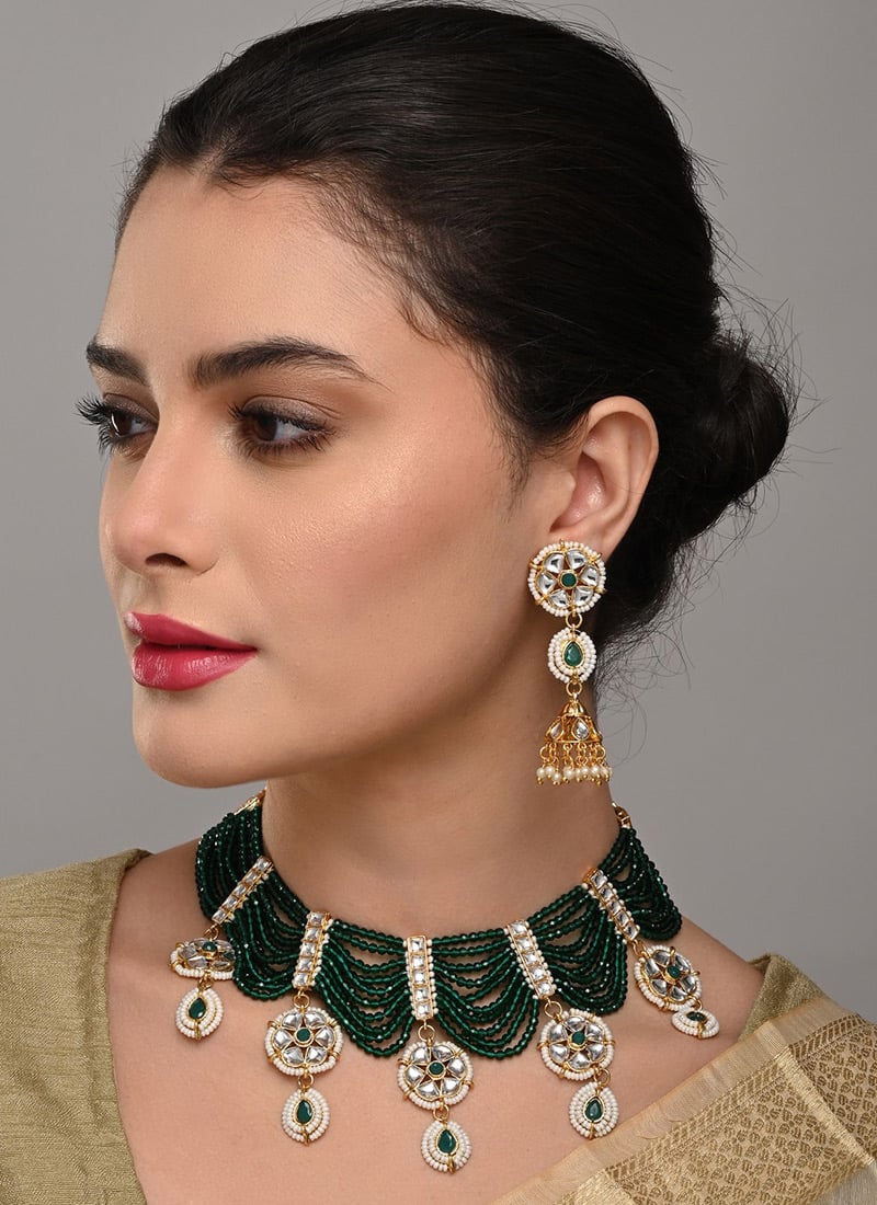 Royal Green Kundan Beaded Necklace After Six Wear