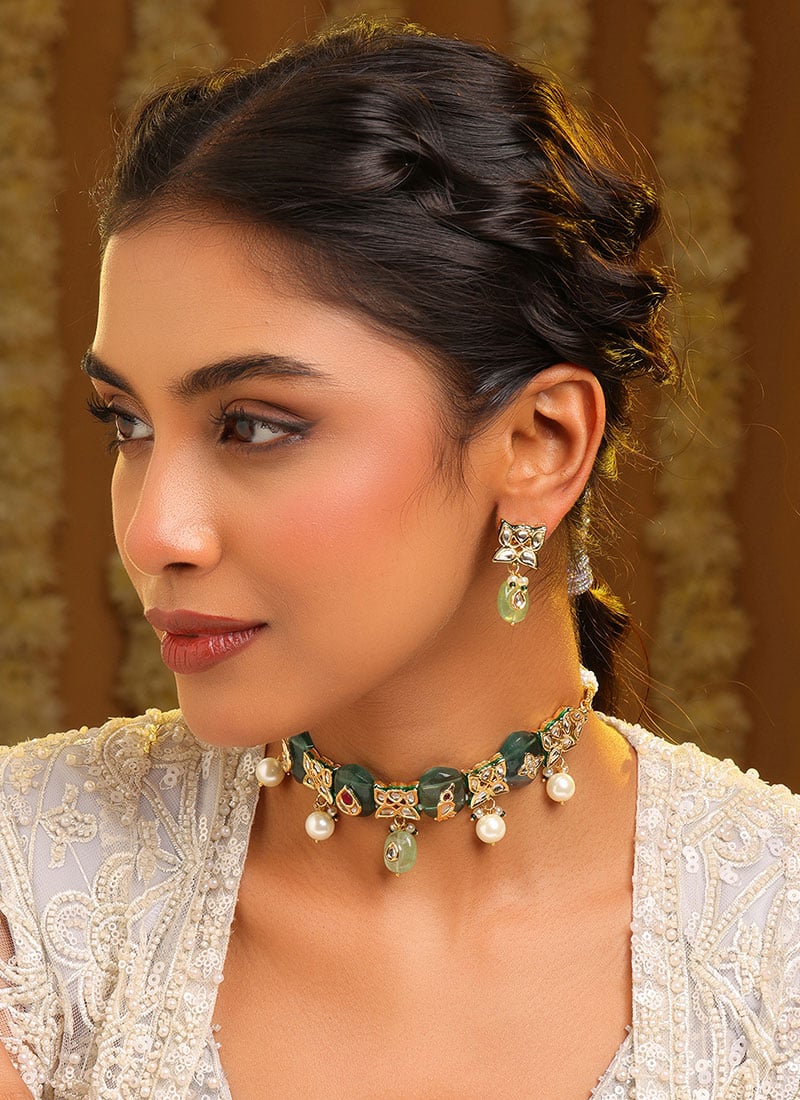 Royal Green Kundan Pearl Choker Wedding Wear