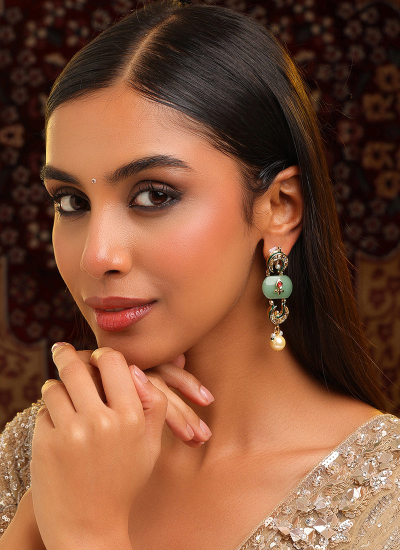 Royal Green Kundan Pearl Meenakari Danglers Festive Wear