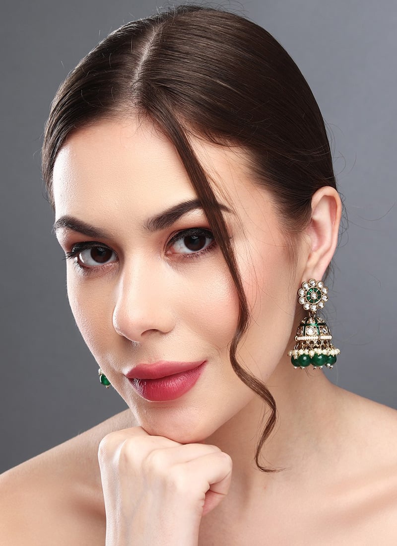 Royal Green Kundan Pearl Meenakari Jhumka After Six Wear