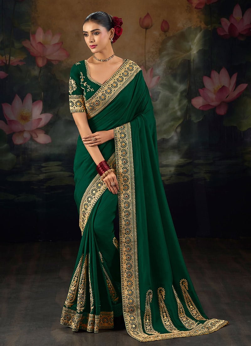 Royal Green Muga Silk Zari Sequins Resham Embroidered Saree Wedding Wear