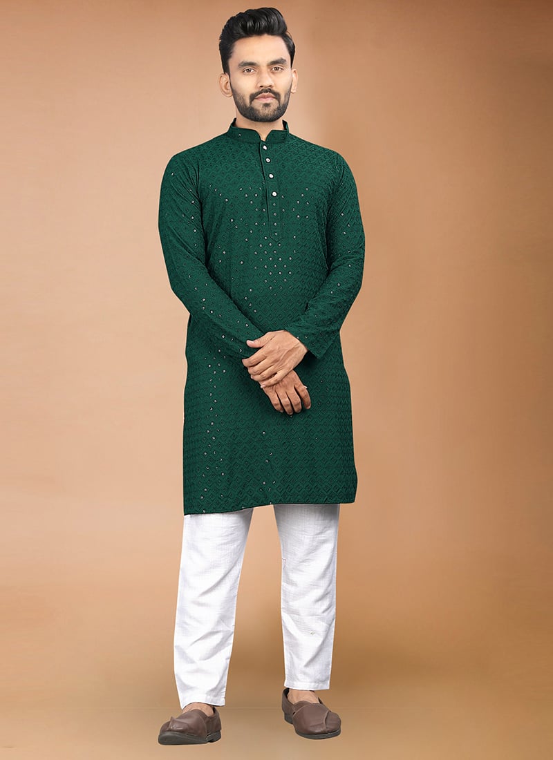Royal Green Rayon Sequins Embroidered Kurta Pyjama Festive Wear