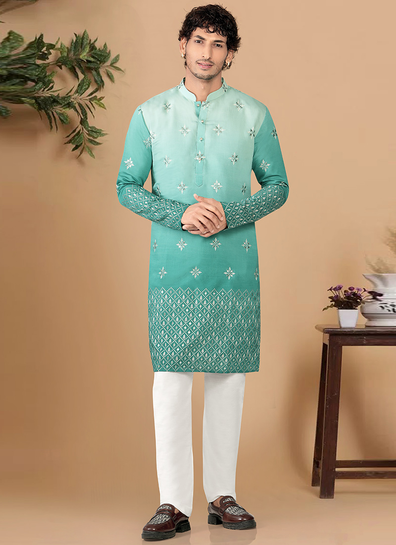 Royal Green Soft Silk Embroidered Kurta Pyjama Festive Wear