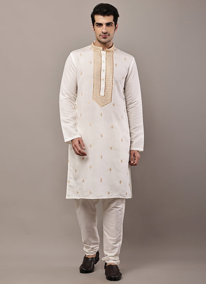 Royal Ivory Viscose Silk Embroidered Sequins Kurta Pyjama Festive Wear