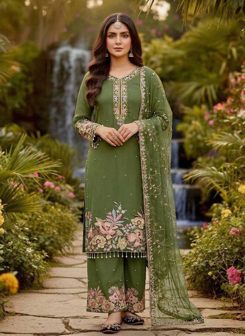 Royal Mahendi Georgette Embroidered Sequins Palazzo Suit After Six Wear