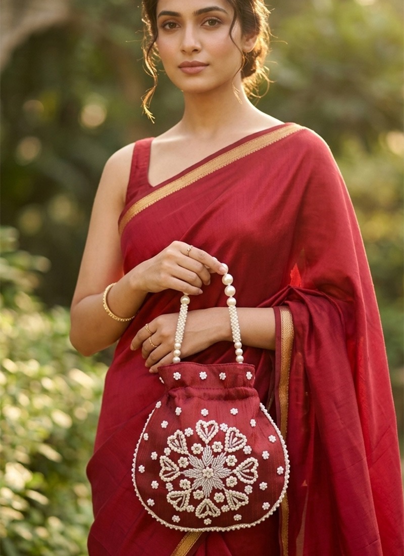 Royal Maroon Silk Beads Moti Potli Bag