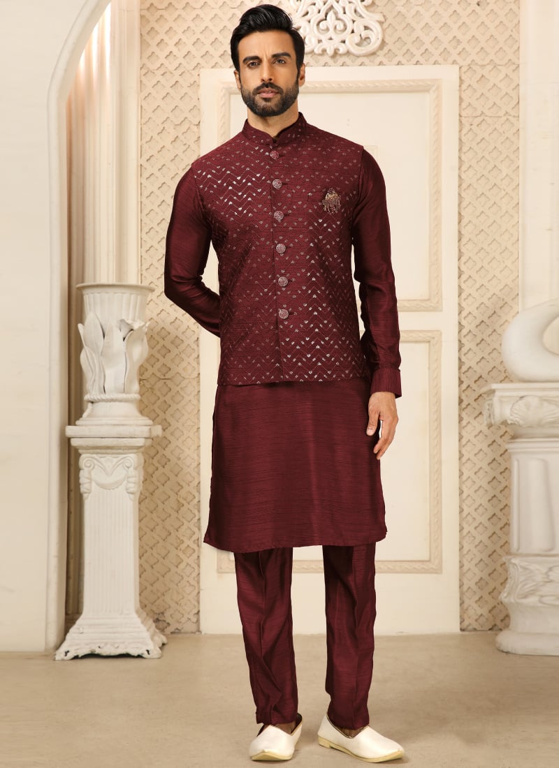 Royal Maroon Banglory Silk Embroidered Sequins Bandi Set Festive Wear