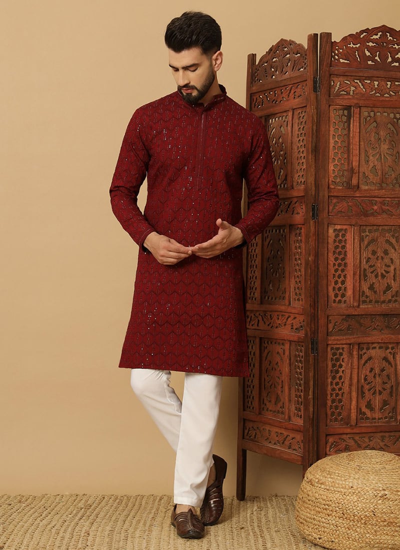 Royal Maroon Cotton Blend Sequins Thread Kurta Pyjama Festive Wear