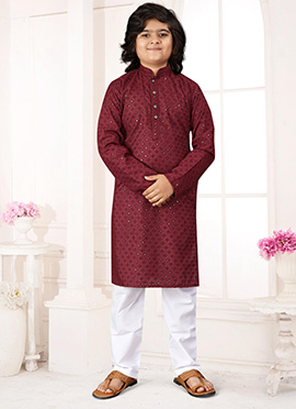 Royal Maroon Cotton Sequins Chikankari Kids Boys Kurta Pyjama