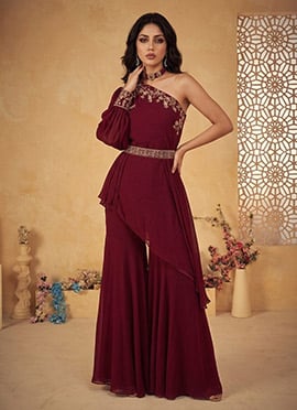Royal Maroon Faux Georgette Zari Sequins Indo Western Set