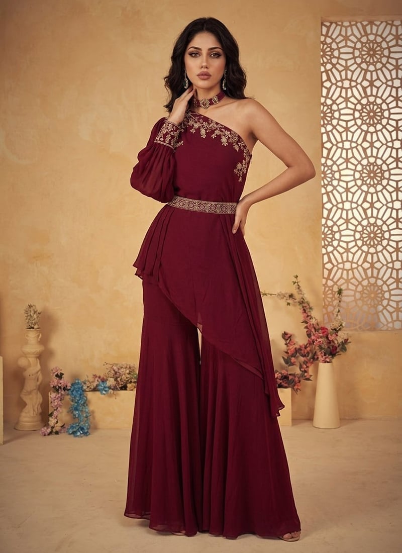 Royal Maroon Faux Georgette Zari Sequins Indo Western Set Wedding Wear