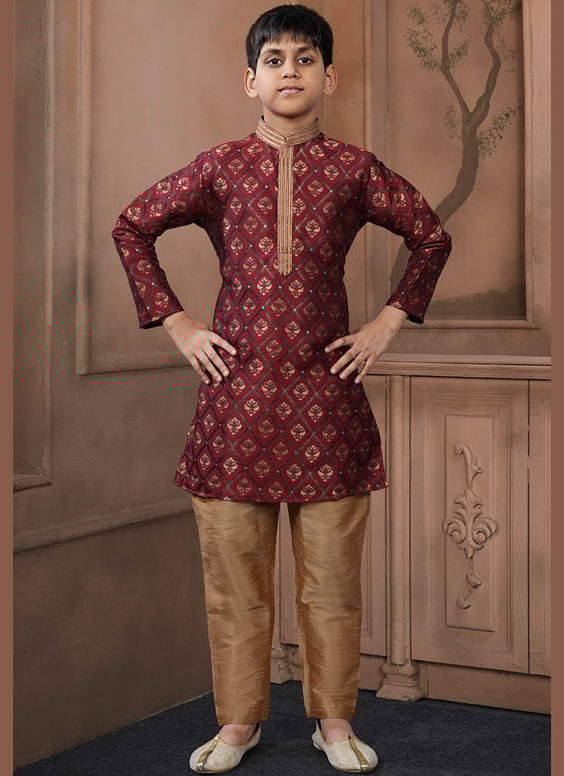 Royal Maroon Jacquard Silk Zari Kids Boys Kurta Pyjama Festive Wear