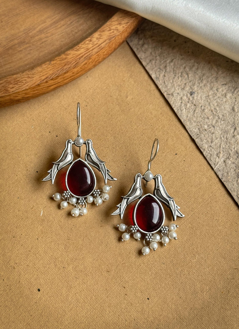 Royal Maroon Kundan Beads Bird Design Danglers Festive Wear