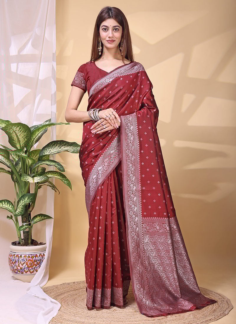 Royal Maroon Lichi Silk Jacquard Saree Festive Wear